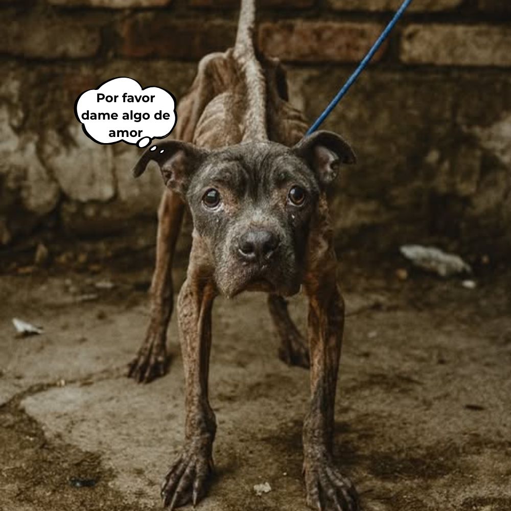 “Solo quiero ser amado…” Tras los ojos temblorosos y el cuerpo flaco se esconde un mundo de dolor y olvido. Este perrito no necesita mucho, solo quiere un abrazo cariñoso, pero la vida solo le da cadenas, hambre y la frialdad de las paredes silenciosas .q