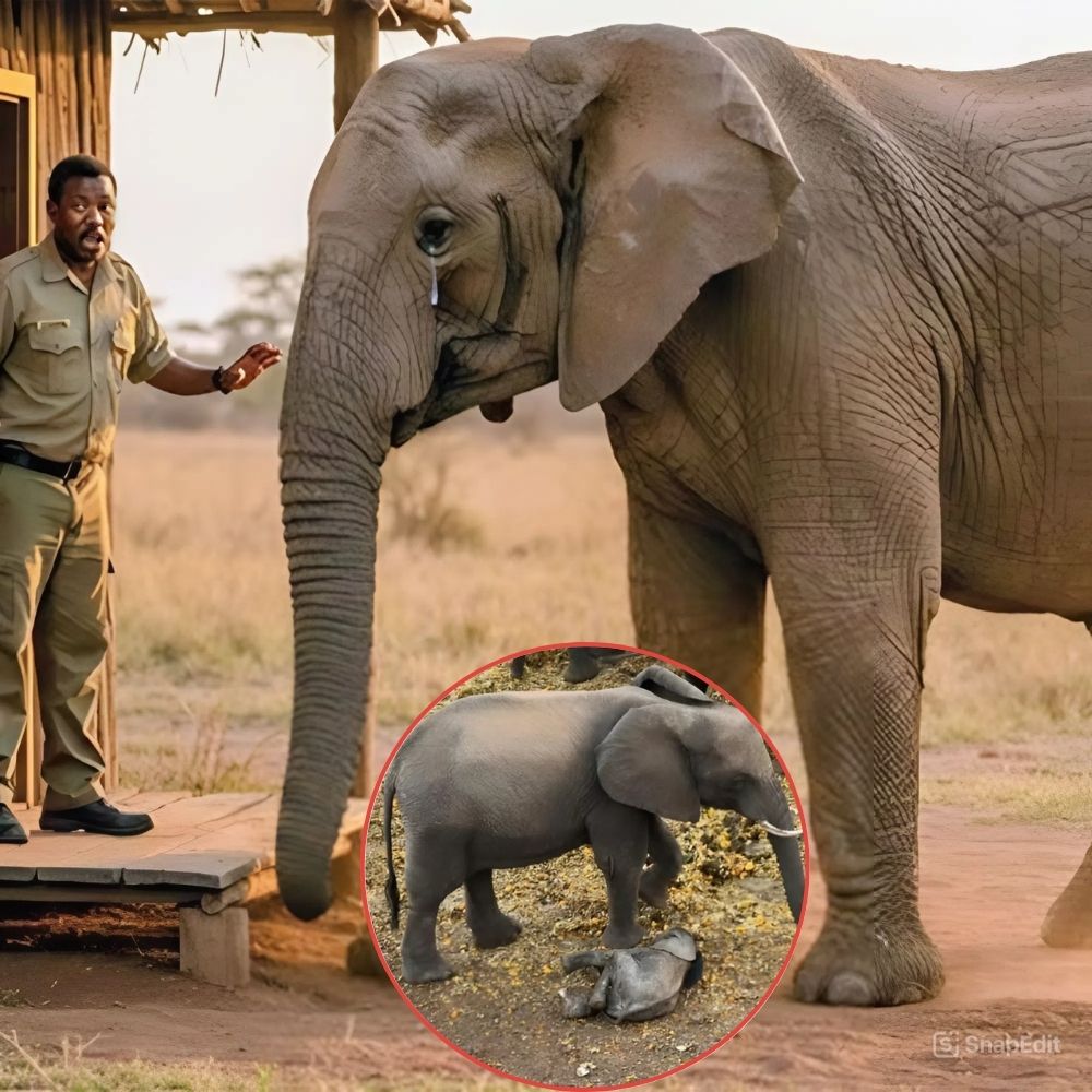 A heartbreaking scene: a mother elephant desperately calling for help while her calf lies helpless, injured, with all four legs broken, trapped in a cruel poachers’ snare. The mother’s cries echo through nature, pleading with the world to save her child, caught between life and death .q