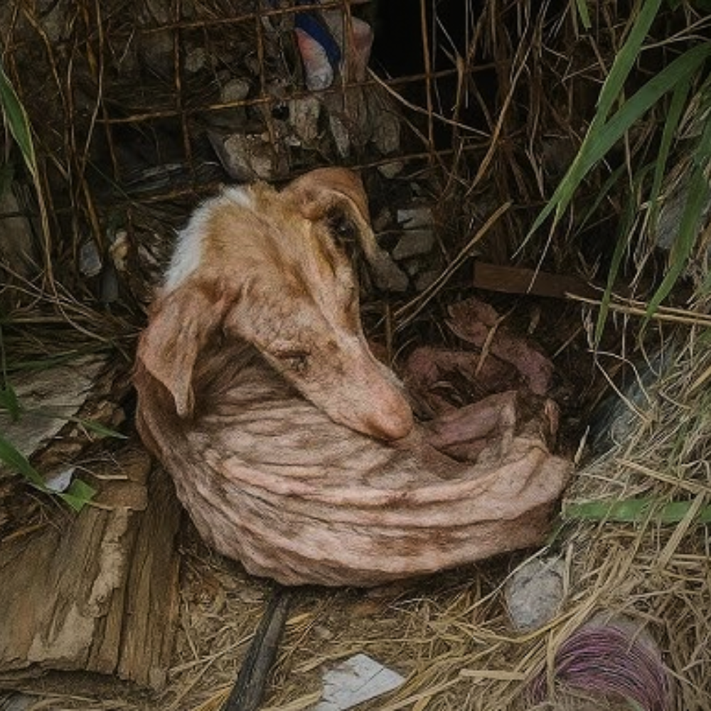El perro vivía en condiciones miserables, acurrucado entre basura y alambres, tan demacrado que ya no parecía un perro — solo yacía allí, como si hubiera aceptado que ya no pertenecía a este mundo… _P