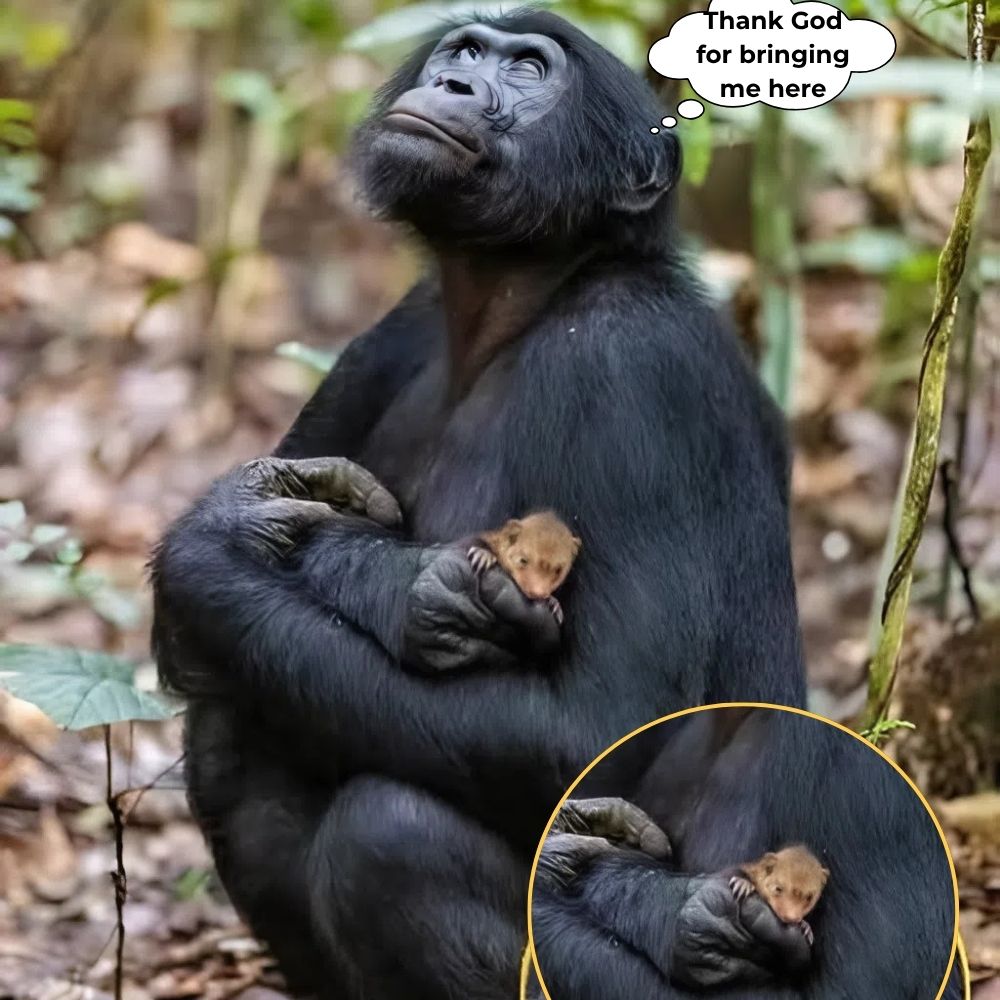 In the deep forest, the mother monkey hugged her little adopted child of a different species tightly, her eyes looking up to the sky as if conveying her feelings. No matter how cold the world is, maternal love is still the last warm flame, where there are no species boundaries, only unconditional love .q